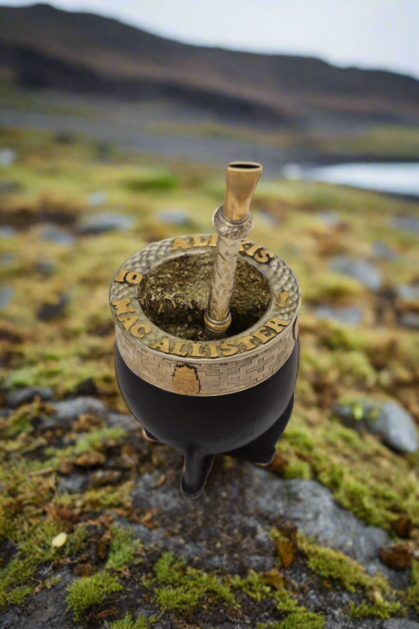 Traditional Yerba Mate gourd with wooden handle in the Icelandic nature